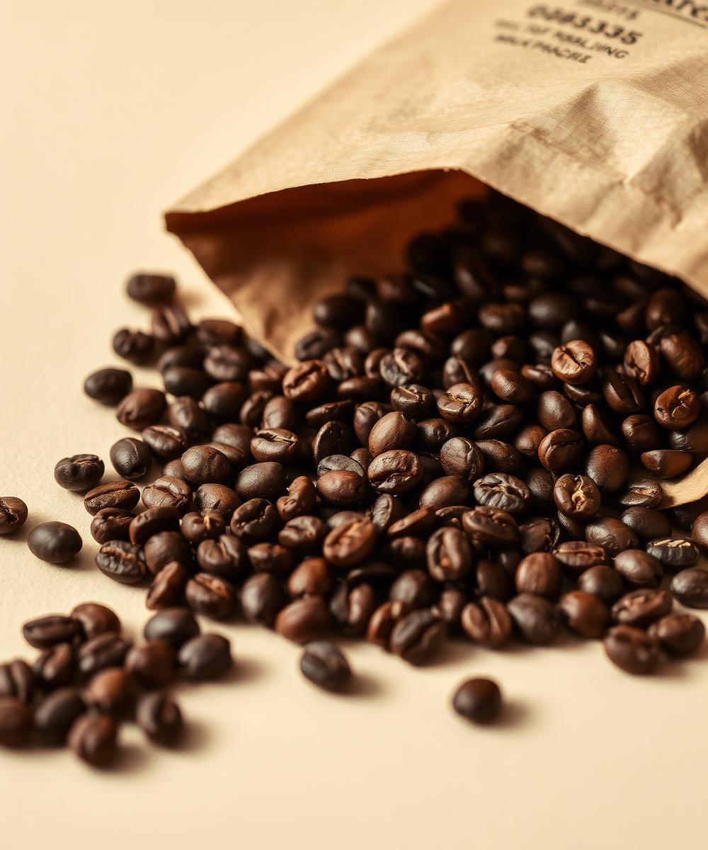 Roasted specialty coffee beans spilling from a kraft bag