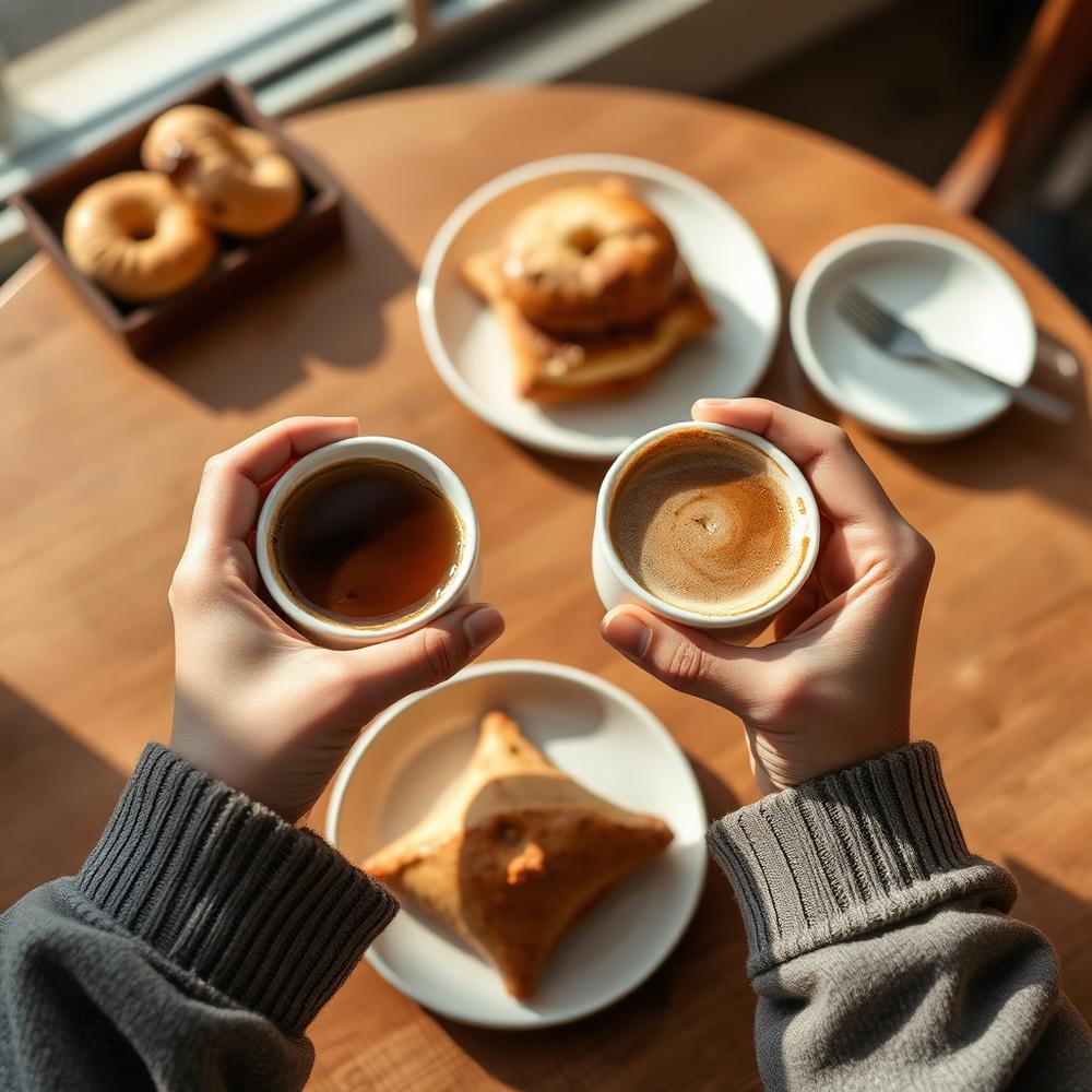 Two people holding coffee cups over a table of pastries