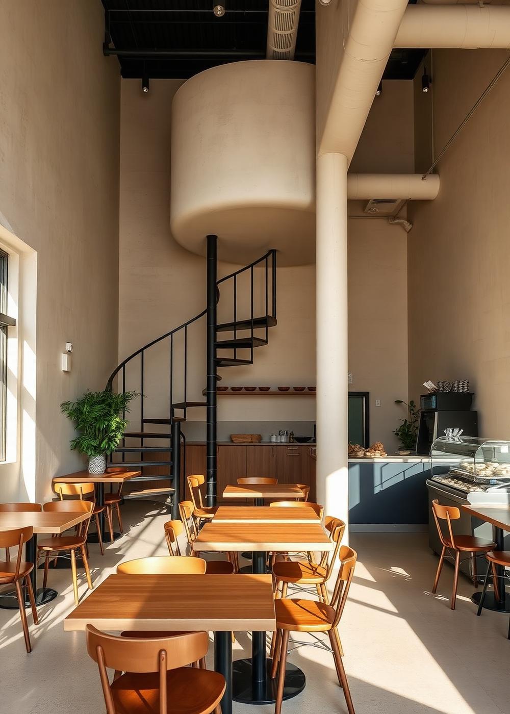 Coffeemistry interior with wooden seating and a spiral staircase