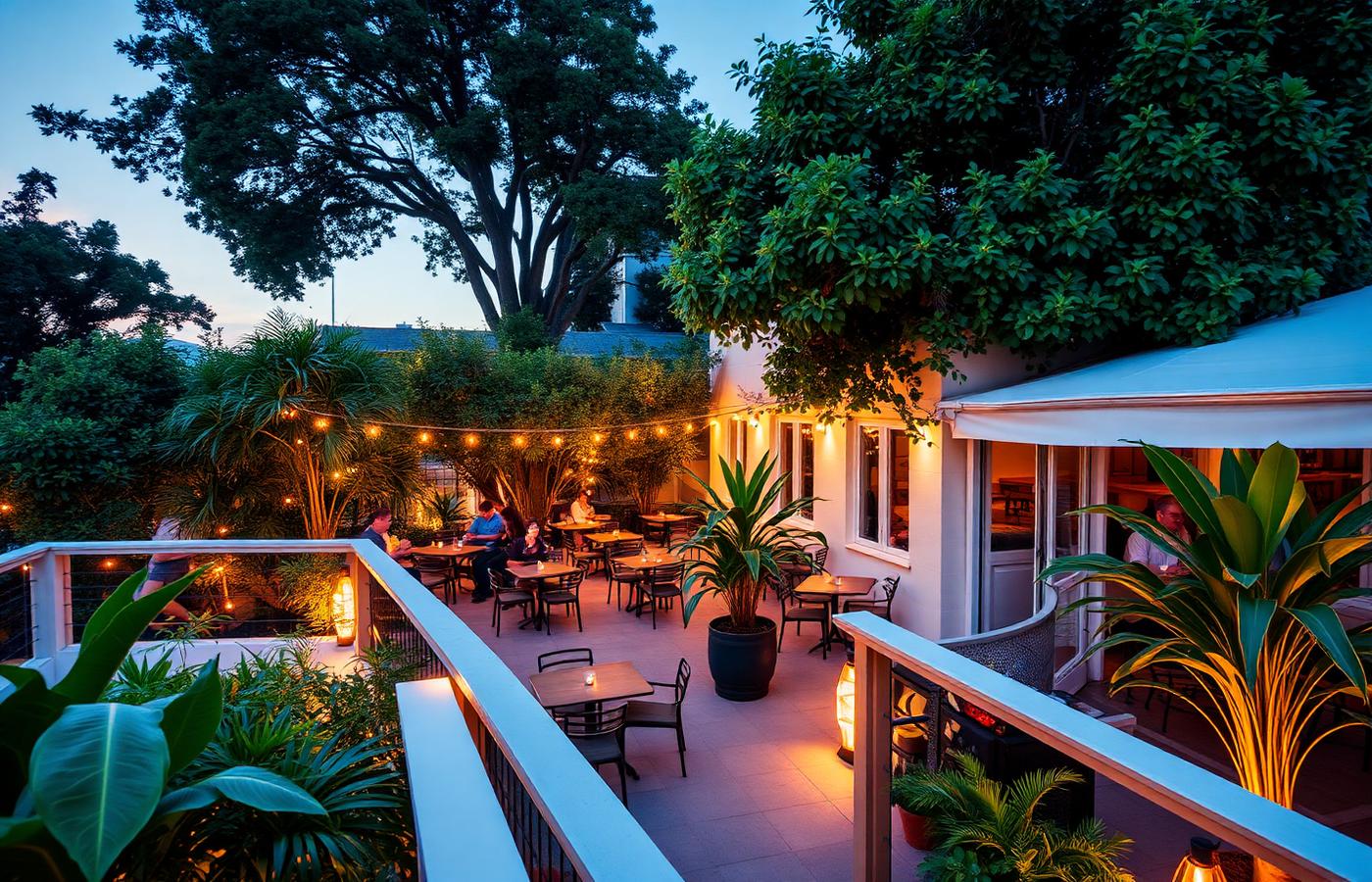 Outdoor terrace seating at dusk surrounded by plants