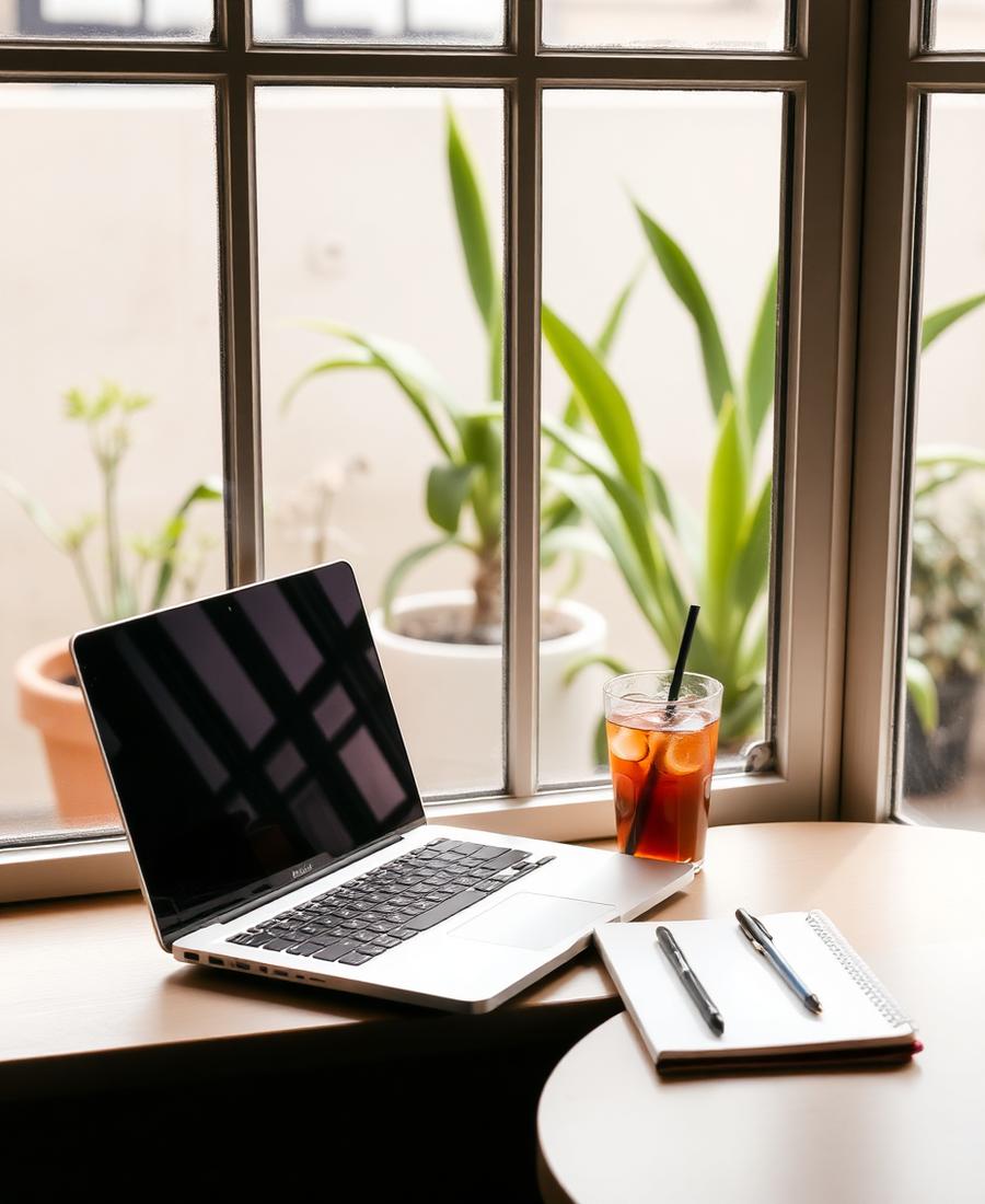 Window seat with a laptop, notebook and iced coffee